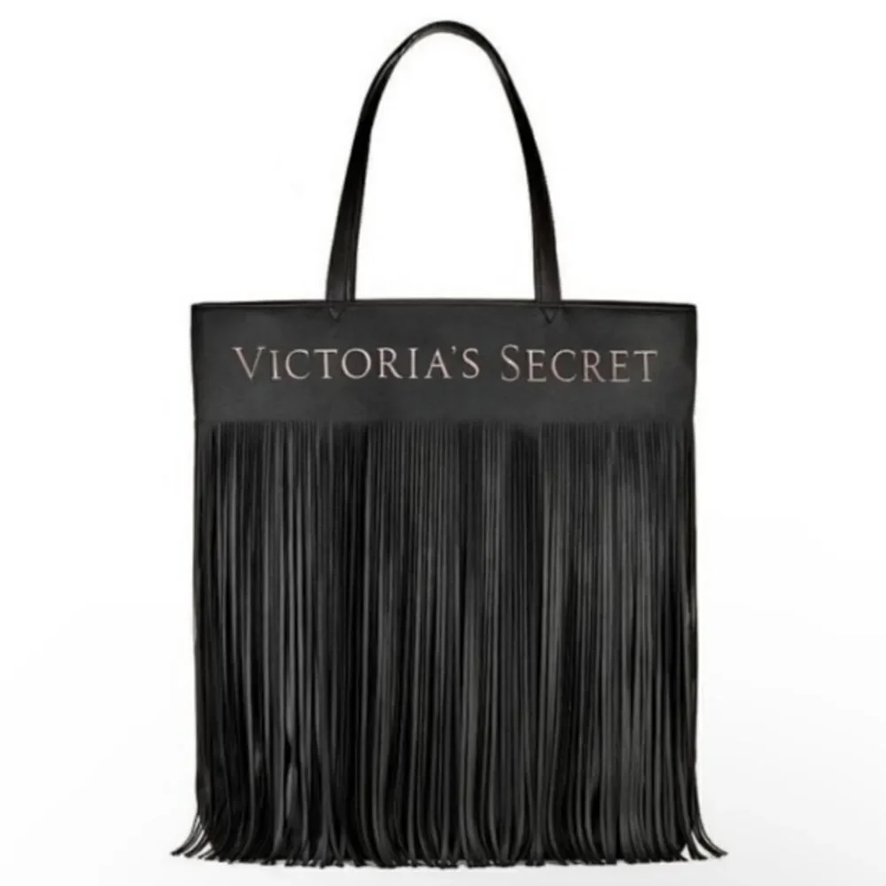 Victorias Secret Boho Fringe Limited Edition Black Faux Leather Large Tote Bag